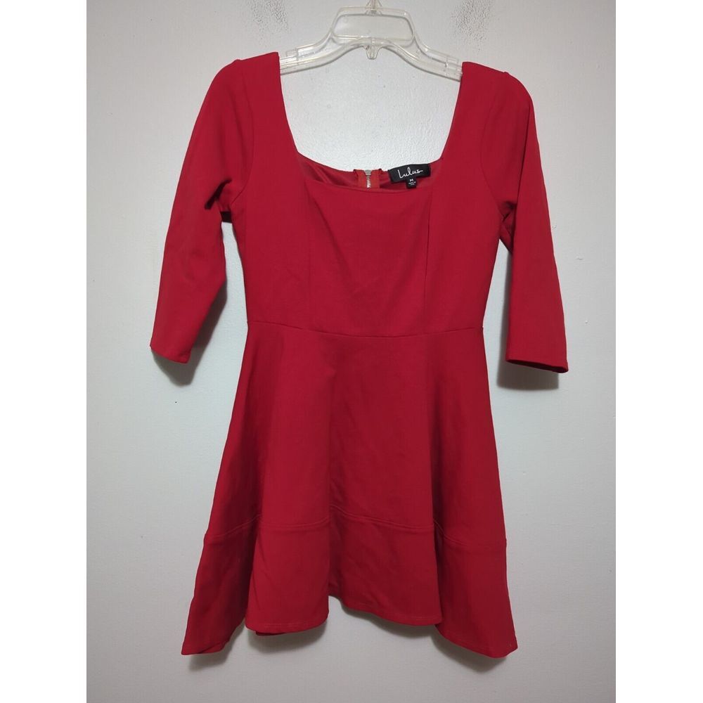 Lulus Red Square‎ Neck 3/4 Sleeve Fit and Flare Skater Dress Medium USA Made
